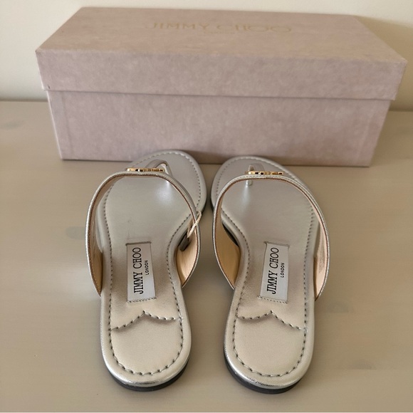 NIB JIMMY CHOO Flat Sandals Logo Leather Silver  Size 7 - Picture 4 of 10